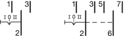 Circuit Drawing Skupinové přepínače I-0-II, 1-pólové, přípojení spodem